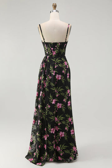 Black Pink Flower Corset Chiffon Long Bridesmaid Dress with Side Streamer